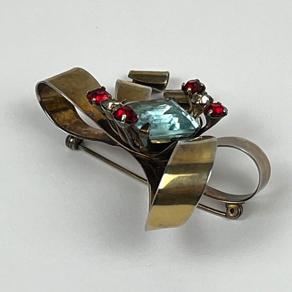 Vintage 1940s Gold Over Sterling Aqua Blue Stone Ribbon Bow Brooch - Picture 4 of 9